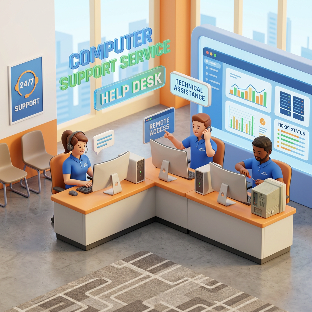 Three tech support agents working at desks with computers, offering remote access and technical assistance