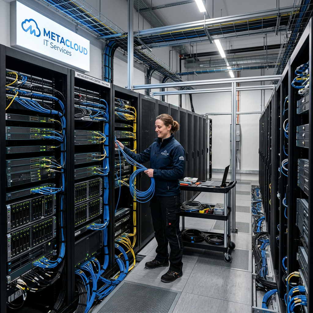 Technician organizing blue and yellow network cables in data center racks