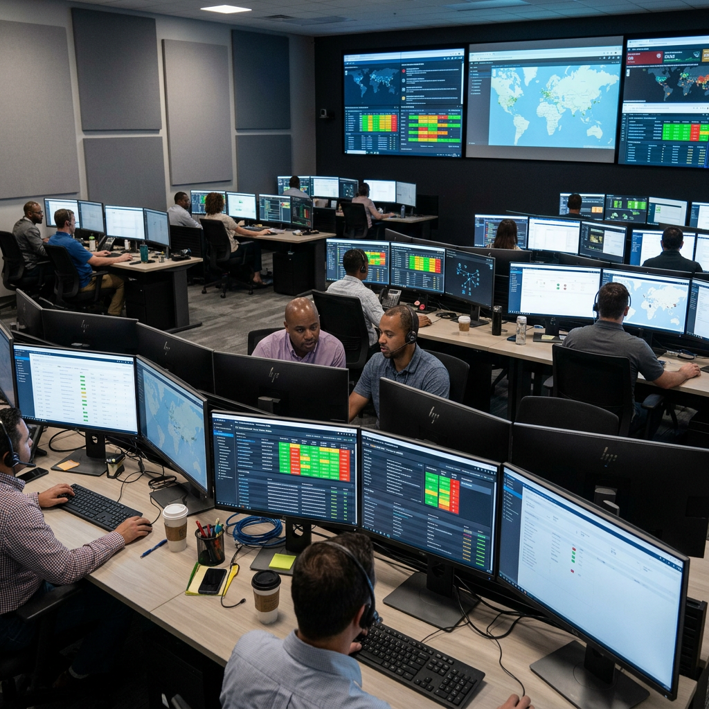Team of professionals monitoring cybersecurity data on multiple computer screens in control room